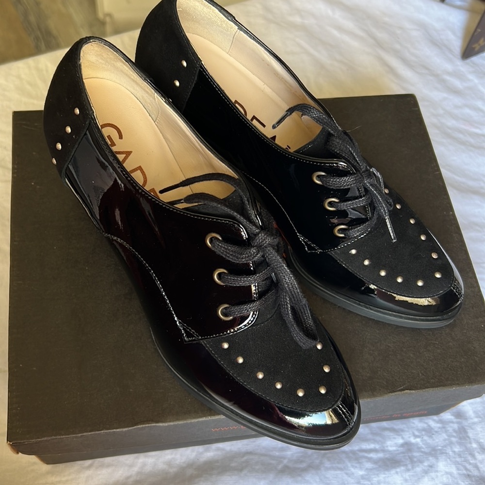 Fades by Lodi block 3” heel shoes classic laced black leather sz.39 glossy Spain - Picture 5 of 17